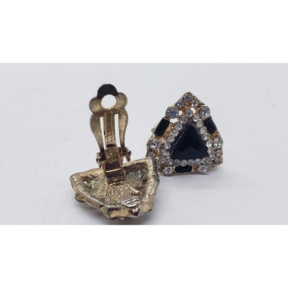 Vintage Earrings Black & Clear Rhinestone Black & White Drama Formal 1950s Clip - Picture 3 of 6